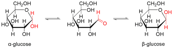 α-D-グルコース、β-D-グルコース、鎖状グルコースの化学構造